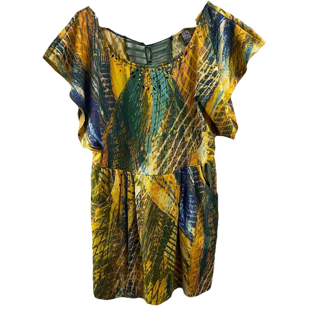 Free People Sunset Dynasty Mini Dress W/Pocket Mesh Back Yellow/Green/Blue Sz.10